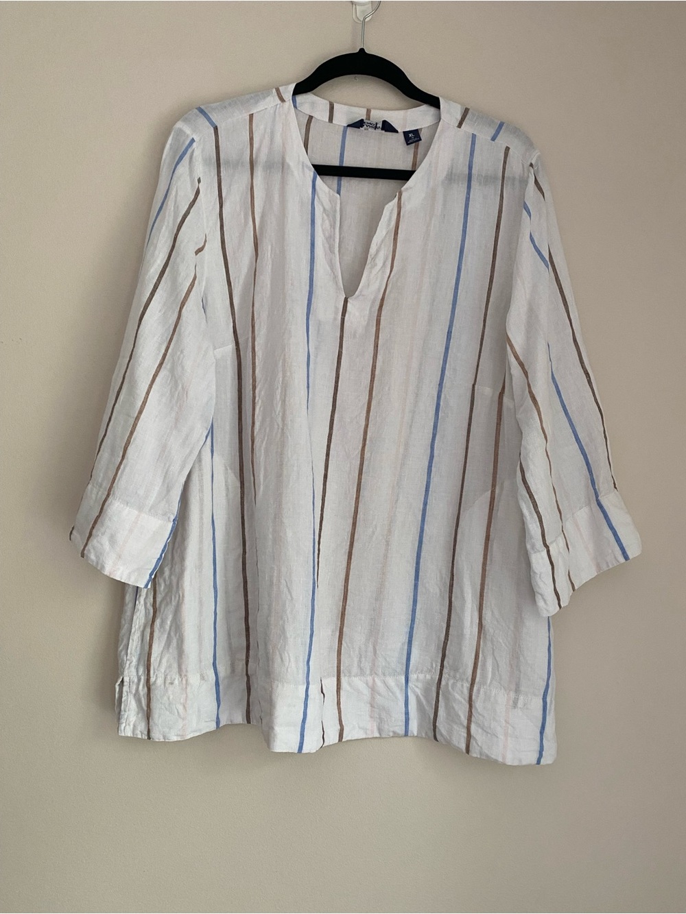 Lands End women's striped popover linen striped tunic blouse XL
